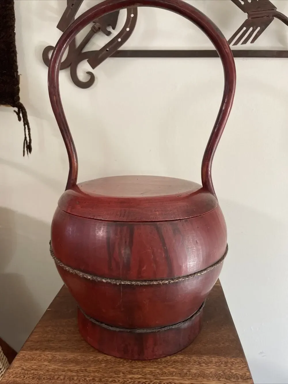 PRIMITIVE ANTIQUE CHINESE RED LACQUER WEDDING OR RICE BASKET WOOD HANDLE